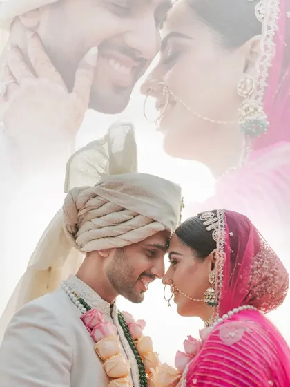 A creative double exposure portrait, blending two intimate close-ups of the couple to create a dreamy and romantic image.