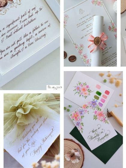 A collage showcasing the variety of my work, from framed letters and wedding scrolls to hand-painted cards and personalized gifts.