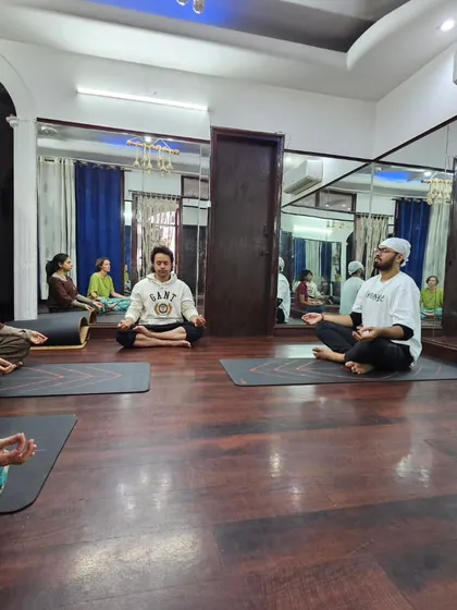 A moment from our Teacher Training Course in Delhi. It's a space for deep learning and community, where aspiring teachers come together to immerse themselves in the art and science of yoga.