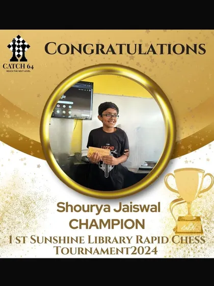 A huge congratulations to Shourya Jaiswal for becoming the unbeaten champion at the 1st Sunshine Library Rapid Chess Tournament 2024. His perfect 6/6 score in the open category is a testament to his skill.