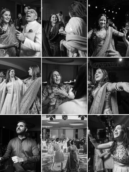 A collage of black and white photos from a reception, capturing the uninhibited joy of guests dancing and celebrating.