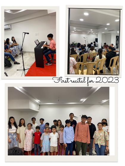 A collage from our first recital of 2023, showing the performers and a group photo.