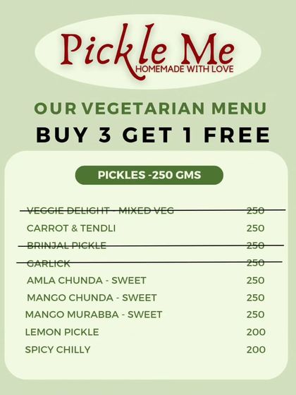 A special offer for our vegetarian customers. Buy any three of our veggie pickles and get one absolutely free. This offer is valid only until stocks last.