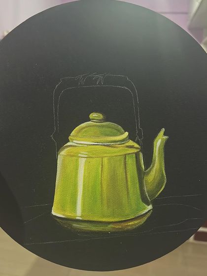 An in-progress shot of the teapot painting. Here, the kettle is fully rendered, and you can see the faint outline where the bird will soon be painted.