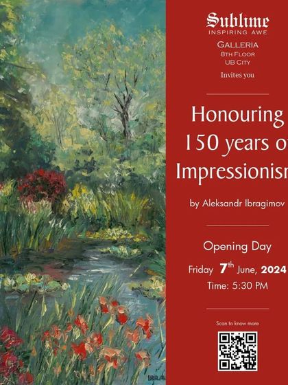 The official invitation for 'Honouring 150 Years of Impressionism' by Aleksandr Ibragimov. The featured artwork is a beautiful landscape reminiscent of Monet's garden at Giverny.