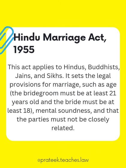 For Hindus, Buddhists, Jains, and Sikhs, the Hindu Marriage Act sets the legal provisions for marriage, such as minimum age and mental soundness.