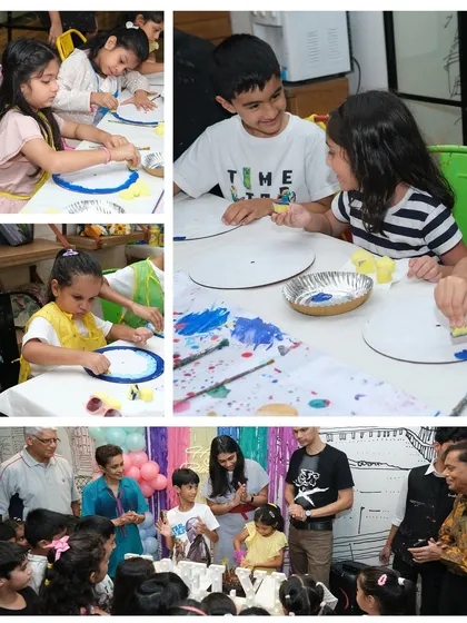 A collage capturing the fun of a kids' art party, from focused painting moments and peer collaboration to the big cake-cutting celebration with family.
