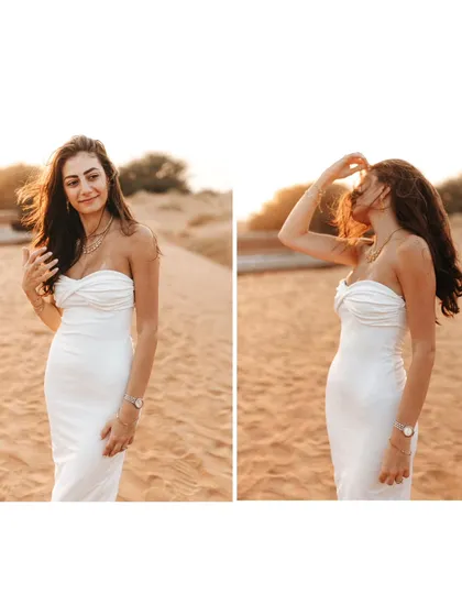 A diptych showcasing the bride's individual portrait during her desert pre-wedding shoot. Her elegant white dress and the golden light create a beautiful, ethereal look.