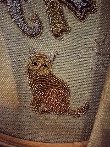 Your story, stitched in thread. This client is a cat lover, so I embroidered her beloved pet, Kumbha, onto her blouse using golden zardosi work. It’s these personal touches that make an outfit uniquely yours.