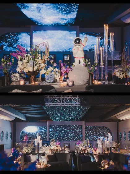 A collage showing the astronaut-themed decor and the galaxy-lit ceiling that transformed the venue into a different universe.
