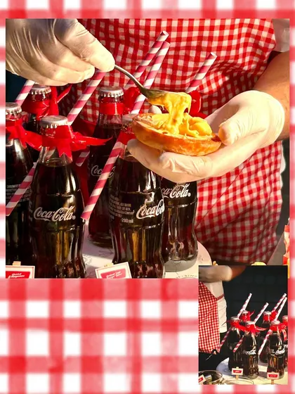 A vibrant collage showing the fun of our burger station, complete with classic Coca-Cola bottles. A chef is seen adding a generous spoonful of cheese sauce, highlighting the indulgent nature of the experience.