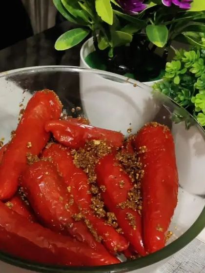 The rich red chillies soaking in our homemade spice blend. This pickle is a true labour of love.