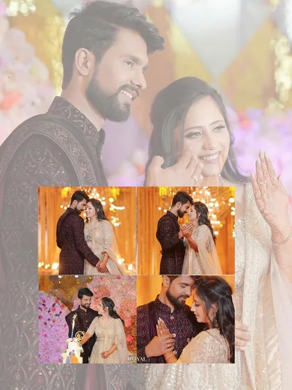 A collage of a couple's engagement moments, including cutting the cake and sharing romantic glances.