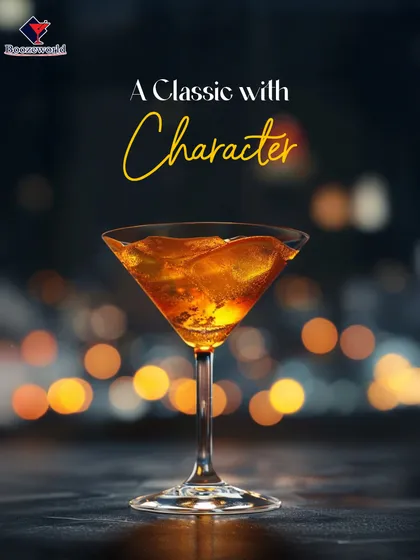 A classic martini-style cocktail with a rich amber color, set against a backdrop of city lights. This drink has character and is perfect for a sophisticated urban-themed event.