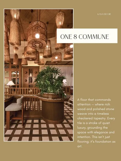 A promotional graphic highlighting our checkerboard flooring at One 8 Commune. The design combines rich wood and polished stone to create a foundation that is not just flooring, but art.