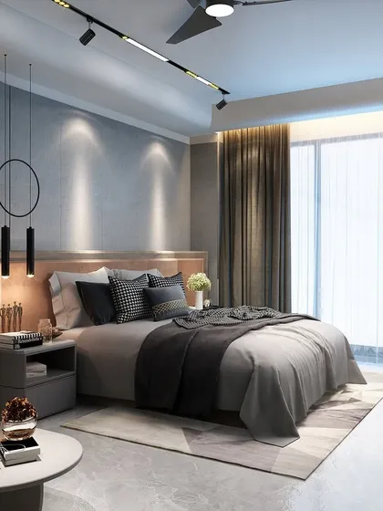 A full view of the boy's bedroom, showcasing the clean lines and modern aesthetic. The space is designed to feel luxurious and opulent, even within a compact footprint.