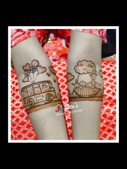 A close-up of the arm bands, one with a bus and balloons and the other with a cradle, guessing 'He or She'.