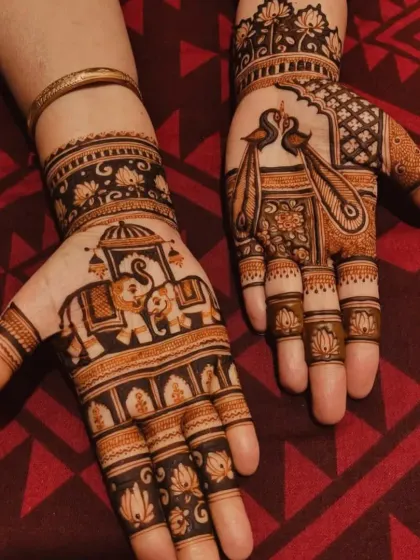 This design features elephants and peacocks in a beautiful arrangement, with lotus details on the fingers.