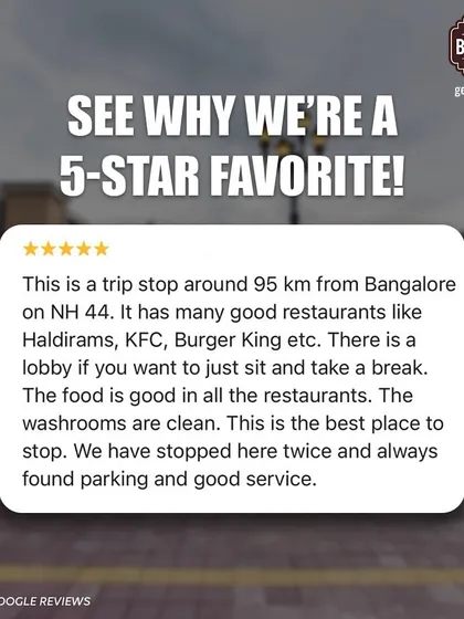 This review highlights us as the "best place to stop" on NH 44, commending our good food, clean washrooms, and consistent availability of parking and good service.