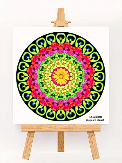 A very vibrant and colorful mandala painted on canvas. The bright yellow, pink, and green colors are chosen to create a feeling of happiness and energy, making it a cheerful piece of wall art.