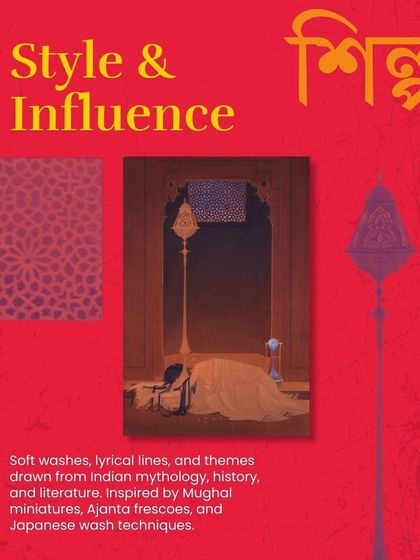 The style of the Bengal School was defined by soft washes, lyrical lines, and themes from Indian mythology and history. It was inspired by Mughal miniatures, Ajanta frescoes, and Japanese wash techniques.