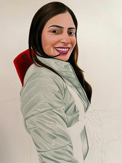 A work in progress shot of a colored pencil portrait. Here, you can see the process of layering colors to build up realistic skin tones and the texture of the clothing, with parts of the sketch still waiting for their final touches.