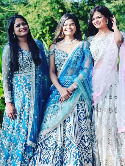 Twinning with your bride tribe. I love helping bridesmaids and friends find coordinated or matching outfits. Here are three happy clients looking fabulous in my rental lehengas for a friend's wedding.