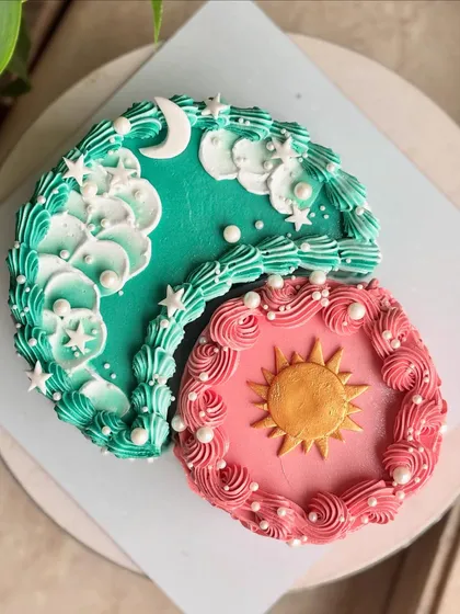 An overhead view of the cosmic cake, highlighting the two distinct and beautiful designs.