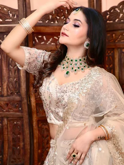 A close-up showing the sheer net sleeve and the sparkle of the silver embroidery on this elegant beige lehenga.