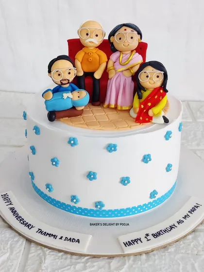 Another view of the family portrait cake, celebrating both a first birthday and a wedding anniversary.