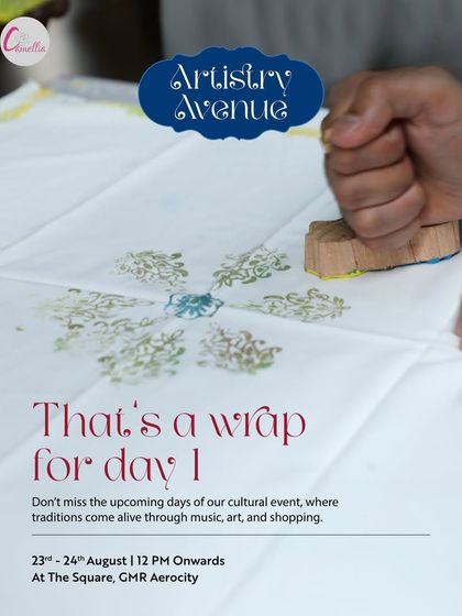 "That's a wrap for day 1." A shot of a freshly block-printed fabric, summarizing the creative activities of the first day of our Artistry Avenue event and inviting guests for more.