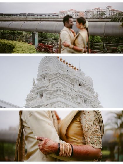 A collage showing a couple's story against the backdrop of a temple and the city. It connects their personal journey with their cultural and urban environment.