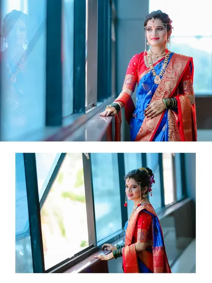 A two-photo layout showing both a wider shot and a reflection of the bride. This composition adds an artistic, layered feel to the traditional bridal portrait.