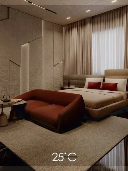 The bedroom design from the previous image, shown without text. The focus is on the dramatic play of light on the angled wall panels, the deep red sofa, and the overall sophisticated and intimate ambiance.