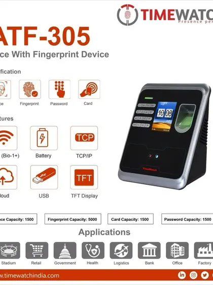 A look at the technical specifications for the TimeWatch ATF-305, a multi-verification device I install. It supports face, fingerprint, password, and card access, and includes modern features like Wi-Fi and cloud connectivity for versatile application in various commercial settings.