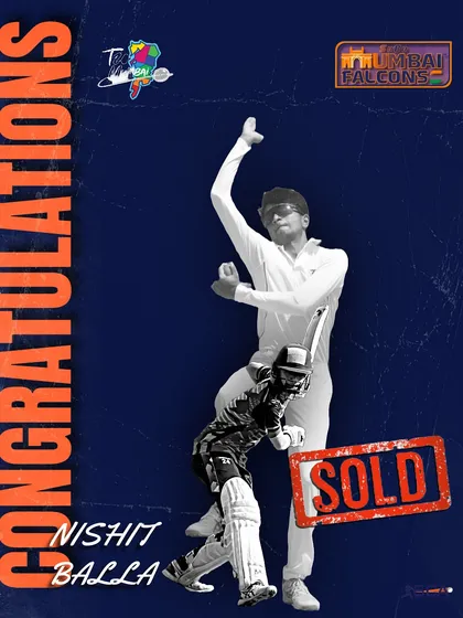 The 'SOLD' stamp says it all. This graphic celebrates Nishit Balla's successful auction for the MPL, a life-changing moment for any aspiring cricketer and a proud one for our academy.