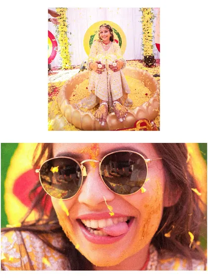 A collage showing the fun and quirky moments of a bride's Haldi ceremony. From playful expressions to the beautiful setup, we capture it all.