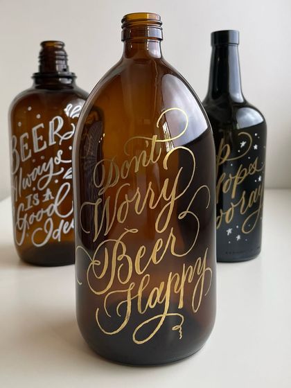 "Don't Worry Beer Happy." Another growler from the party set, this time with gold lettering for a more celebratory feel.