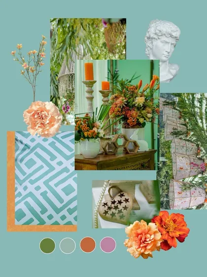 A mood board capturing the essence of the mint green and orange event, with its mix of artisanal textures, vintage accents, and vibrant florals.