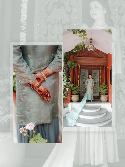An artistic collage from an engagement day, focusing on the bride's henna-stained hands and her elegant pose against a traditional doorway.