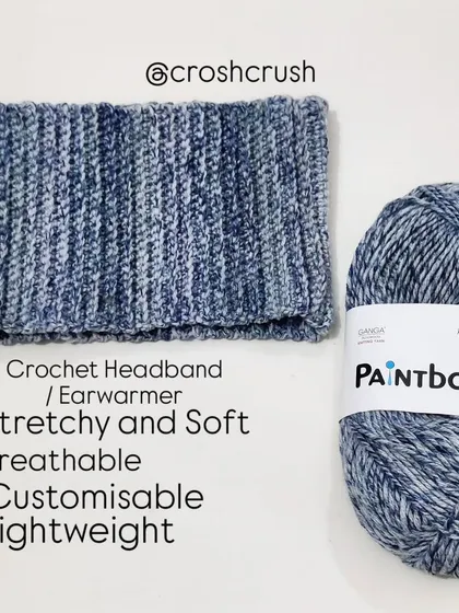 A stretchy and soft crochet headband or ear warmer, made with beautiful blue variegated yarn.