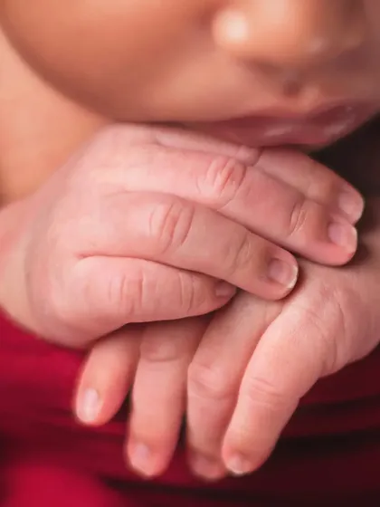 A close-up of a newborn's hands against a red wrap. The detail is so clear you can see the lines on their tiny fingers.