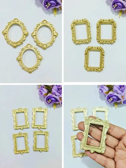 Our collection of gold mini frames comes in a variety of shapes and styles. This image shows four different designs, perfect for adding a touch of elegance to your resin art.
