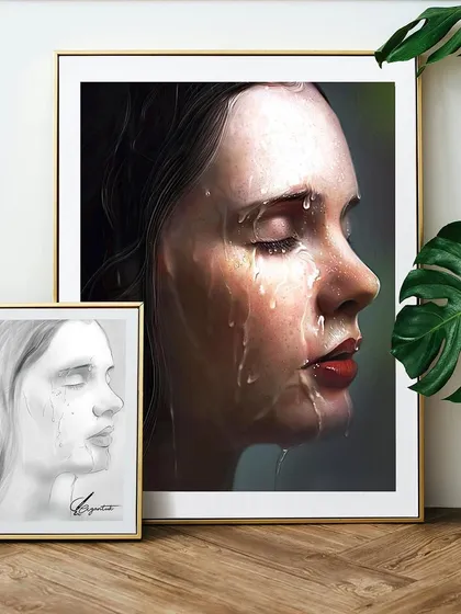This image shows both the final colored artwork and the initial digital sketch side-by-side. It's a great way to see the transformation from a simple line drawing to a fully rendered, hyper-realistic portrait.