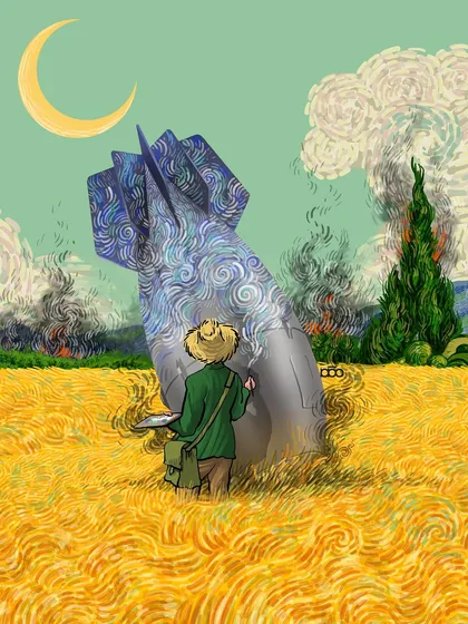A surreal commentary on war and peace. Vincent stands in a golden wheatfield, looking at a massive bomb that has landed without exploding, its metal shell decorated with the swirls of his "Starry Night." It juxtaposes the beauty of art with the ugliness of destruction.