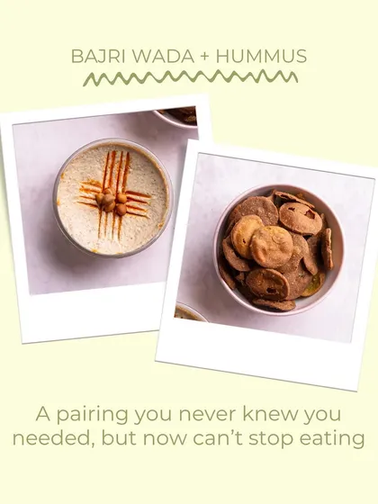 A snack pairing you never knew you needed: my Bajri Wada with hummus. This polaroid-style image suggests a fun and delicious combination you won't be able to stop eating.