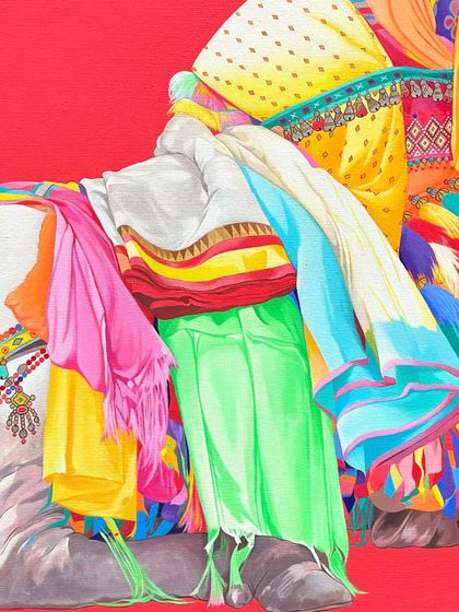 A close-up of a painting from Mohammed Osman's 'Gangireddhu Series.' His work, which has earned recognition across the globe, continues to captivate with its intricate detail and vibrant colors.