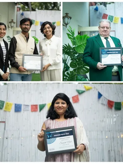 A collage of winners from a past award ceremony, proudly holding their certificates.