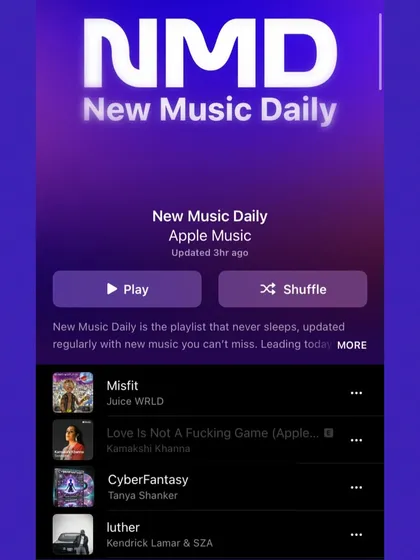 Here's "Cyberfantasy" on the New Music Daily playlist on Apple Music. Getting this kind of editorial support is a huge boost for an independent artist.