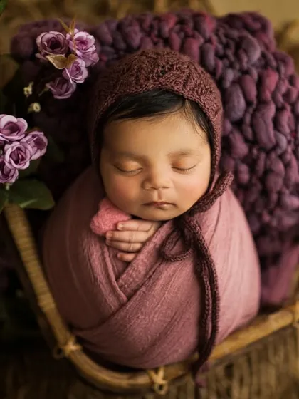A slightly different angle, focusing on the baby's sweet face and the texture of the knitted bonnet.